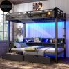 Twin over Twin Bunk Bed with Storage Shelves and Drawers,Multifunctional Metal Bunk Beds with USB Ports and LED Lights