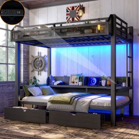 Twin over Twin Bunk Bed with Storage Shelves and Drawers,Multifunctional Metal Bunk Beds with USB Ports and LED Lights