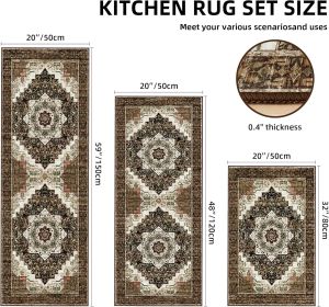 100% Non Slip Kitchen Rugs Sets of 3 Washable Boho Kitchen Mats for Floor Vintage Farmhouse Kitchen Rug Soft Runner Rug for Hallway, Laundry Room