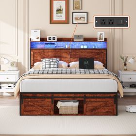 Queen-size Bed Frame with Storage Headboard, Footboard Storage Compartments and LED Lighting