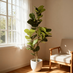 6FT Artificial Fiddle Leaf Fig Tree with Black Plastic Pot, Real Touch Fake Indoor Plant for Home Office Living Room Corner Decoration, 1pc/set