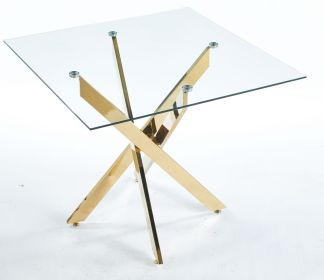 Dining Table with cross metal leg and tempered glass,Modern Space Saving Kitchen Table for Living Room,chrome legs,Square table,golden legs,90x90