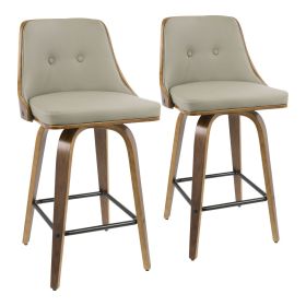 Gianna 26" Mid-Century Modern Counter Stool in Walnut with Light Grey Faux Leather by - Set of 2