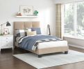 1pc Twin Platform Bed Light Brown Velvet Upholstered Adjustable Height Headboard Button Tufted Solid Wood Bedroom Furniture