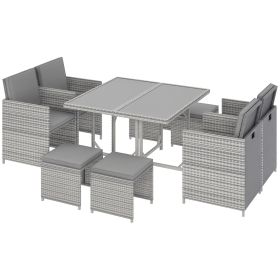 Outsunny 9 Pieces Outdoor Dining Set for 8, Space Saving Wicker Chairs and Square Glass Table with Cushions and Ottomans