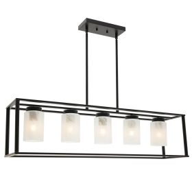 5-Light Industrial Modern Dining Room Ceiling Lighting in Matte Black Finish with Glass Shade Classic Pendant Island Lighting Fixture for Living Room