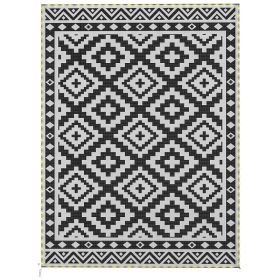 Outdoor Rug Carpet Reversible Plastic Straw Rug with LED Lights Black and White 12' x 9' for Patio