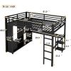 Queen Size Loft Bed Frame with Built-in Wardrobe, Metal Loft Bed with Desk and Storage Shelves, Black
