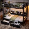 Twin over Twin Bunk Bed with Storage Shelves and Drawers,Multifunctional Metal Bunk Beds with USB Ports and LED Lights