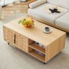 Spider Web Textured Modern MDF Coffee Table - Geometric Art and Practical Design in Natural Wood Tones, with dimensions of 43.3*23.6*17.8 inches.
