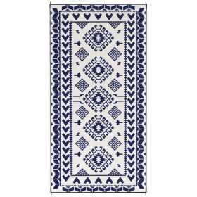 Reversible Outdoor Rug, Waterproof Plastic Straw with Carry Bag, 9' x 18', Blue & White Rhombus Patchwork