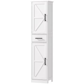 Farmhouse Linen Closet with Drawer, 67" Tall Bathroom Storage Cabinet with Barn Doors and Adjustable Shelves, White