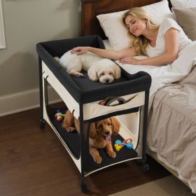 Elevated Lounge Pet Bed, Foldable Bunk Dog Bed With 600D Oxford Cloth And Dutch Velvet, Portable Raised Cot With Wheels, Side Storage Bags, And Carry