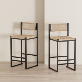 Kitchen Bar Stools With Footrest Set Of 2 Paper Rope Weave Dining Chairs Counter Height Barstool  Style B Black & Honey