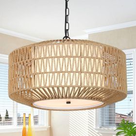Farmhouse Chandelier Light Fixture,4-Light Rattan Boho Chandeliers For Dining Room With Fabric Shade