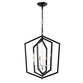 4-Light Farmhouse Kitchen Chandeliers, Matte Black And Sliver Vintage Rustic Cage Light Fixture Adjustable Height Chandeliers For Dining Room Hallway
