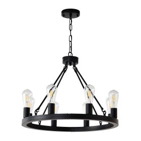 8-Light No Bulbs Matte Black Wagon Wheel Chandelier Farmhouse Modern Small Round Chandelier For Living Room Kitchen Island Foyer Hallway Entryway Bedr