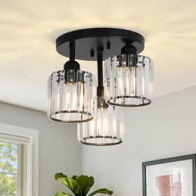 Crystal Semi Flush Mount Ceiling Light,3-Light Modern Close To Ceiling Light Fixtures,Black Kitchen