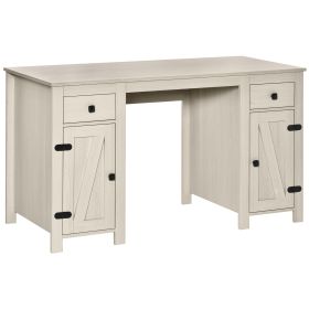HOMCOM Home Office Writing Desk with Drawers, Study Table Computer Workstation, Barn Door Style Computer Desk with 3-Level Adjustable Shelf, Whit