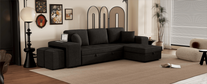 104.5" Modern L-Shape 3 Seat Reversible Sectional Couch, Pull Out Sleeper Sofa with Storage Chaise and 2 Stools for Living Room Furniture Set