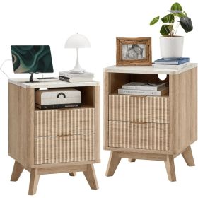 A Carved Bedside Cabinet With Charging Port, A Double-drawer Open Shelf Bedside Cabinet With Marble Countertop (Option: 2P)