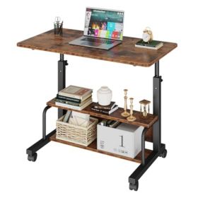 31.5-inch Manual Standing Office Desk, Portable Computer Table With Adjustable Height, Equipped With Lockable Wheels And Double-layer Storage Space (Option: Brown)