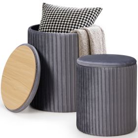 Two-piece Round Storage Ottoman Set - A Plush Dressing Stool With Storage Function, A Multi-functional Coffee Table Ottoman (Option: Grey)