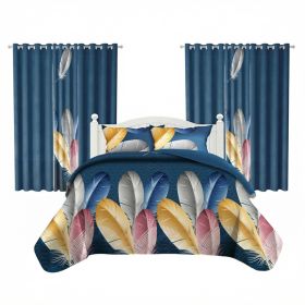 9 Piece Room In A Bag Quilt And Curtain Set, US Designer Navy Blue Boho Feather Print Heavyweight Bedspread With 6 Customizable Window Panels, Pet-Fri (Option: KING)