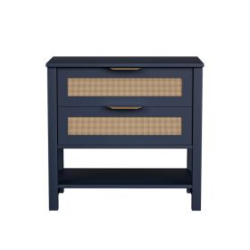 Rattan Nightstand With 2 Drawers And Storage Shelf Boho Bedside Narrow Side Table For Bedroom (Option: Navy Blue)