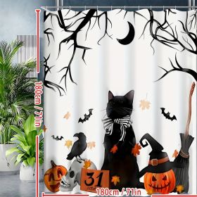 Spooky Halloween Shower Curtain Set - Vibrant Printed Design,12 Hooks - 1Pcs, Pumpkin Lantern, Black Cat, Crow Skull, Broom, Bat, Dead Branch Design (Option: 180x180)