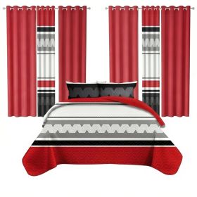 9 Piece Room In A Bag Quilt And Curtain Set, US Designer Red And Black Geometric Chevron Heavyweight Bedspread With 6 Customizable Window Panels, Pet- (Option: KING)