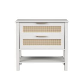 Rattan Nightstand With 2 Drawers And Storage Shelf Boho Bedside Narrow Side Table For Bedroom (Option: White)