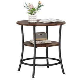 Side Round Table, Double-layer Decorative Side Table With Storage Shelves, Sturdy Metal Frame Round Bedside Cabinet (Option: Brown)