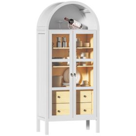 Modern Arched Cabinet With Glass Doors,72  Tall Auto Sensor Light Farmhouse Arch Storage Cabinet With Height Adjustable Shelf And 2 Drawers Display Bo (Option: White Oak)