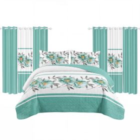 9 Piece Room In A Bag Quilt And Curtain Set, US Designer Teal Floral Botanical Print Heavyweight Bedspread With 6 Customizable Window Panels, Pet-Frie (Option: QUEEN)