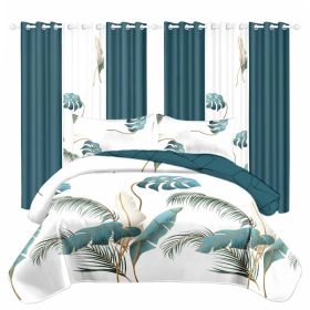 9 Piece Tropical Palm Leaf Quilt Set With 6 Independent Curtains, Heavyweight High-GSM Bedspread And Light Filtering Window Drapes Bundle, Teal Botani (Option: CAL KING)