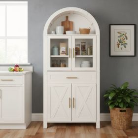 71  Tall Arched Kitchen Pantry Cabinet With Glass Door, Farmhouse Storage Pantry Cabinet With Adjustable Shelves & Barn Door Design For Kitchen, Livin (Option: White)