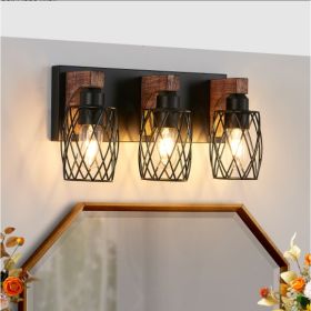 18inch Industrial Vintage 3-Light Wall Sconce - Black Cage Wall Lighting Fixture With Wooden Accents For Bathroom, Hallway, Or Living Room Bulb Not In (Option: Walnut and black)