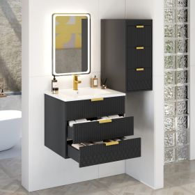 24inch Wall Mounted Floating Cabinet With Side Cabinet Combo, Rectangular Vanity, Small Bathroom Sink With Single Faucet Hole And Overflow, Modern Bat (Option: Black)