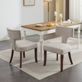 Mid Century Modern Dining Chairs Set Of 2, Farmhouse Linen Fabric Upholstered Accent Chair Curved Backrest With Copper Nails Around,Kitchen Chairs Wit (Option: Beige)