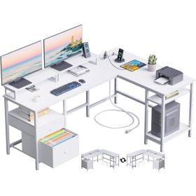 L-shaped Office Desk With Power Socket, Reversible Computer Game Table, Fabric Drawer, And 2 Monitor Stands (Option: White)