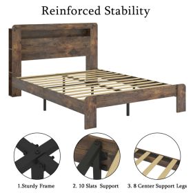 King Wood Bed Frame With LED Headboard, 2 USB & Underbed Storage, Dark Brown (Option: Platform Bed)