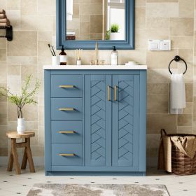 30'' Bathroom Vanity With Ceramic Sink Combo,Solid Wood Frame Bathroom Storage Cabinet, Freestanding Vanity Set With 3 Drawers& Soft Closing Doors (Option: Indigo)