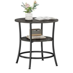 Side Round Table, Double-layer Decorative Side Table With Storage Shelves, Sturdy Metal Frame Round Bedside Cabinet (Option: Grey)