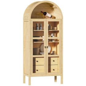 Modern Arched Cabinet With Glass Doors,72  Tall Auto Sensor Light Farmhouse Arch Storage Cabinet With Height Adjustable Shelf And 2 Drawers Display Bo (Option: Oak)