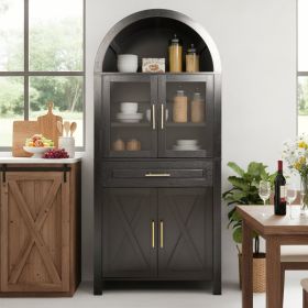 71  Tall Arched Kitchen Pantry Cabinet With Glass Door, Farmhouse Storage Pantry Cabinet With Adjustable Shelves & Barn Door Design For Kitchen, Livin (Option: Black)