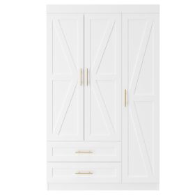 Shaker Style Classic Three-Door Wardrobe, Wood Bedroom Armoire With Hanging Rod And Shelves, Spacious Storage Closet, Modern Farmhouse Design (Option: White)