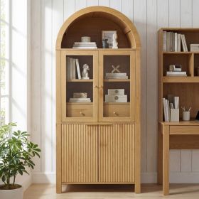 71  Fluted Tall Arched Pantry Cabinet With Adjustable Shelves, Elegant Display Storage With Hidden Drawer & Glass Door For Kitchen, Living Room, Dinin (Option: Oak)