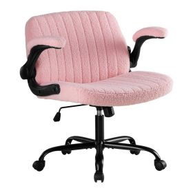 Office Chair With Wheels, Wide-leg Cross-style Desk Chair, Adjustable Rotating Chair With Flip-up Armrests (Option: Teddy fleece  pink)