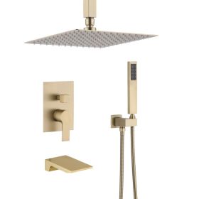 Shower Faucet Set, Shower System Bathroom High Pressure 12 Inches Rainfall Shower Head With Handheld Spray, Wall Mounted Shower Fixtures With Shower V (Option: Brushed Gold)